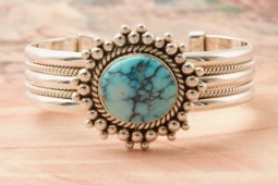 Artie Yellowhorse Genuine Kingman Turquoise Sterling Silver Rising sun Bracelet